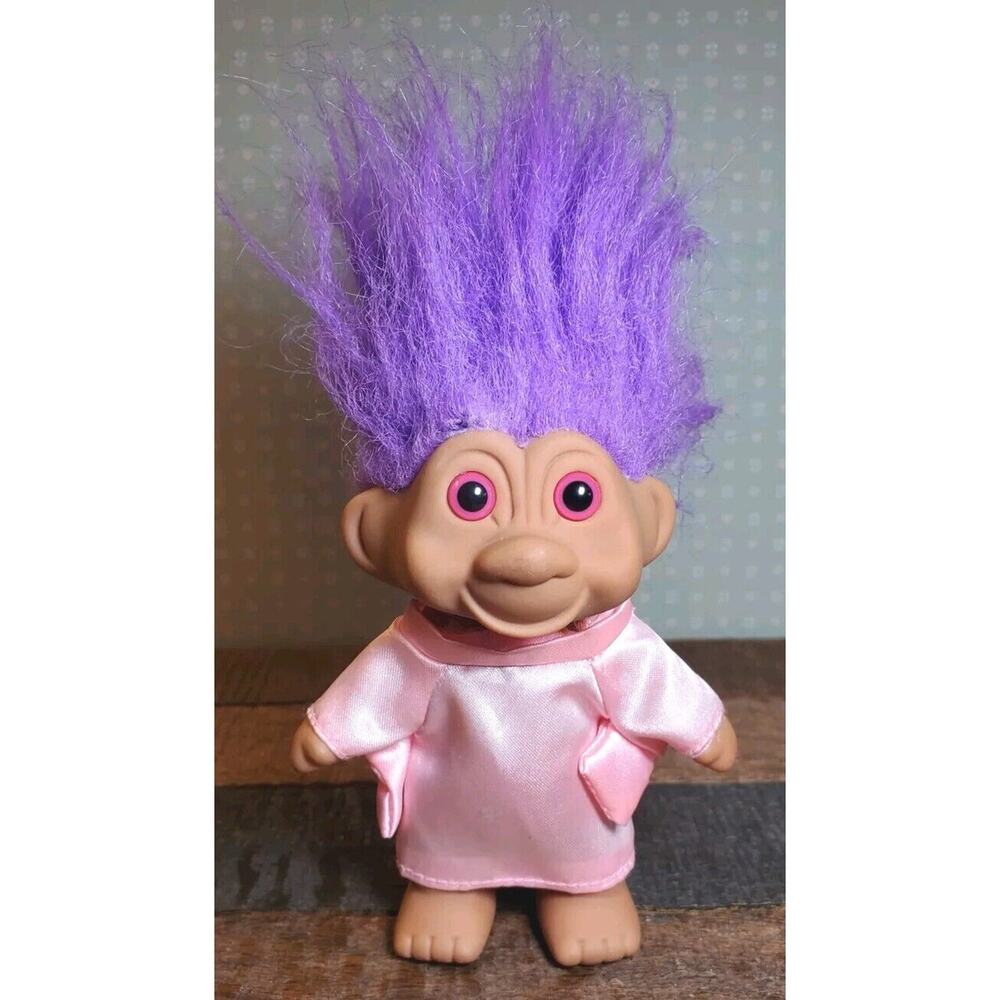 VTG 1991 TNT Troll Doll LARGE 5in Purple Hair RARE Pink Eyes Original Pink Dress